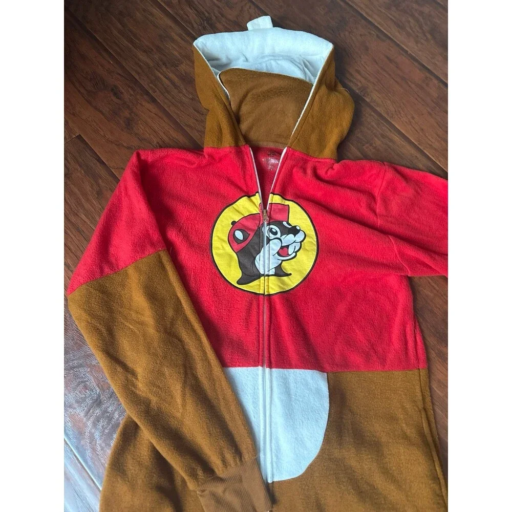 Buc-ee’s Beaver Adult Small Onesie Pajamas Full Zip Costume Brown Red Small